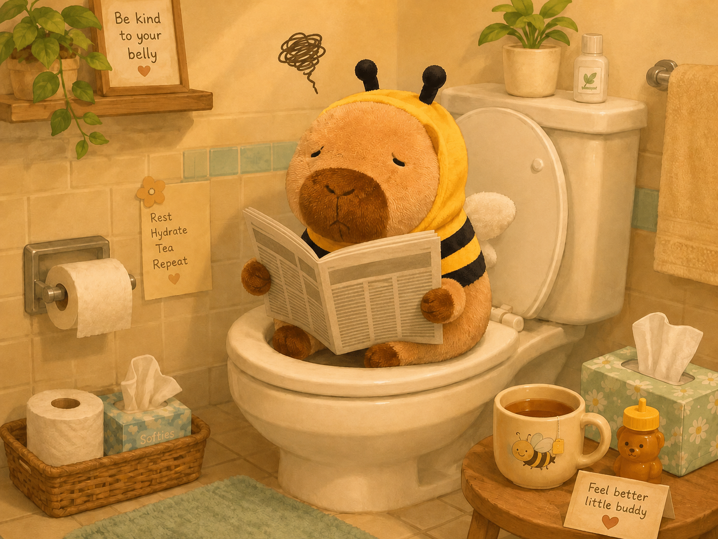 Capibara lisant son journal sur les toilettes
