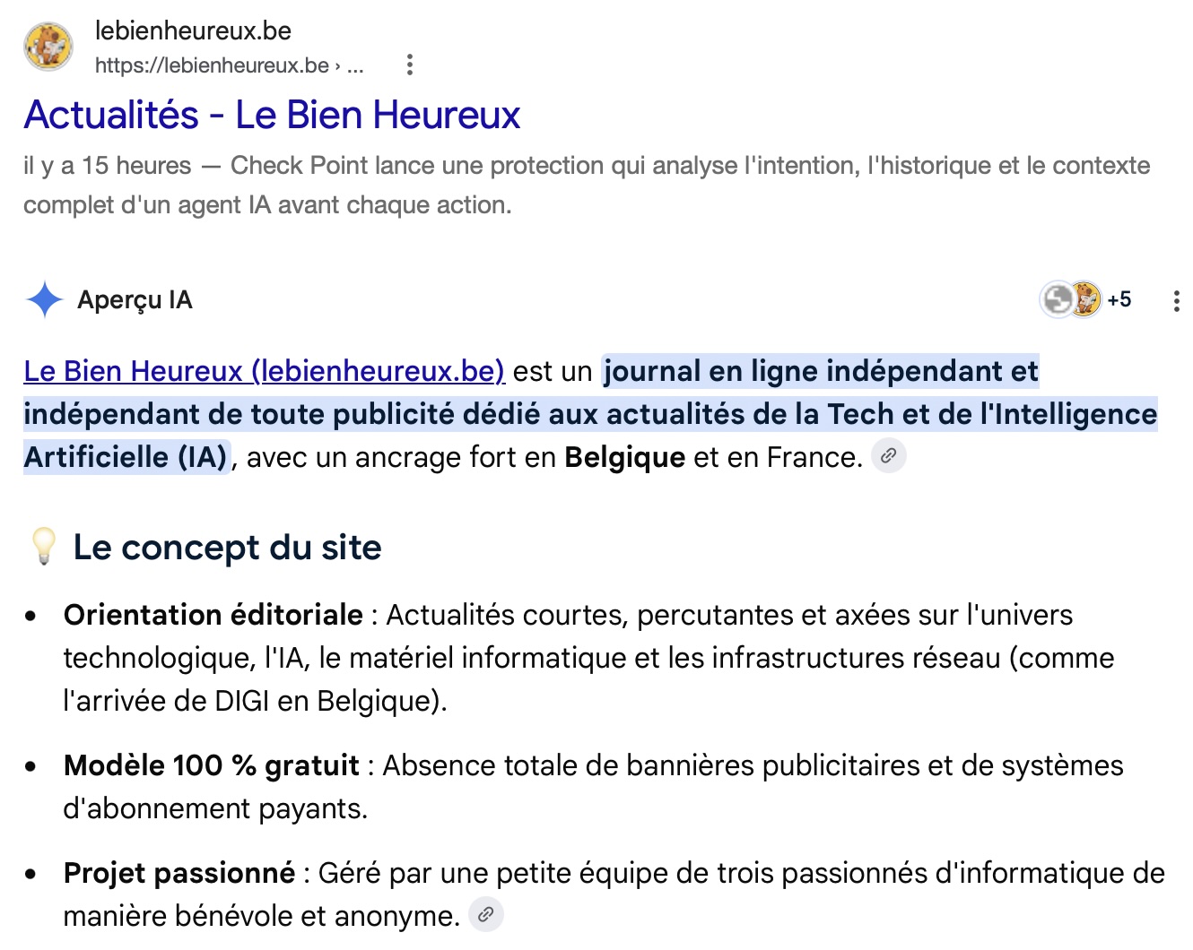 Aperçu Google présentant Le Bien Heureux