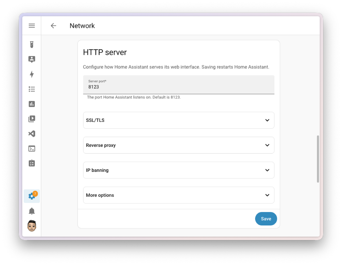Réglages du serveur web dans Home Assistant 2026.8