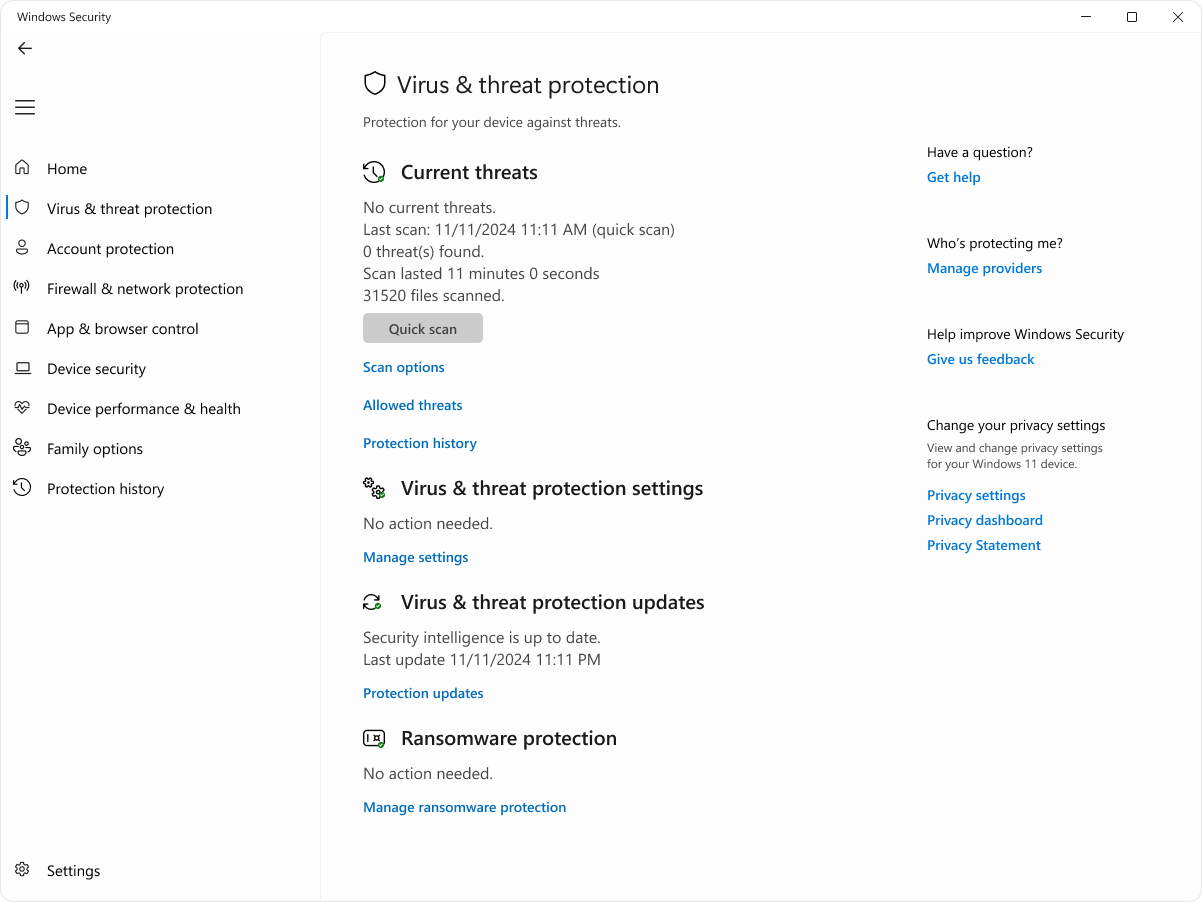 Écran Protection contre les virus et menaces de Sécurité Windows avec Microsoft Defender actif