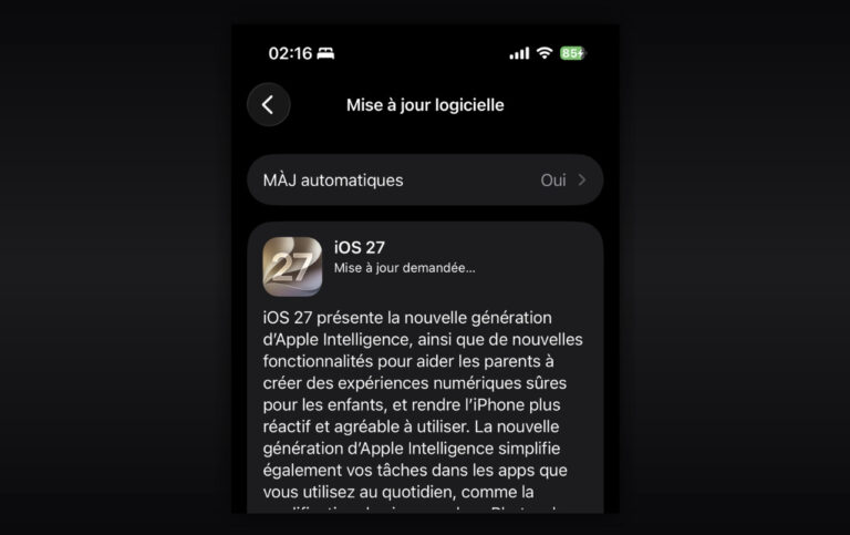 Écran de mise à jour logicielle d’un iPhone, affichant iOS 27 et la mention Mise à jour demandée, à 2 h 16 du matin.