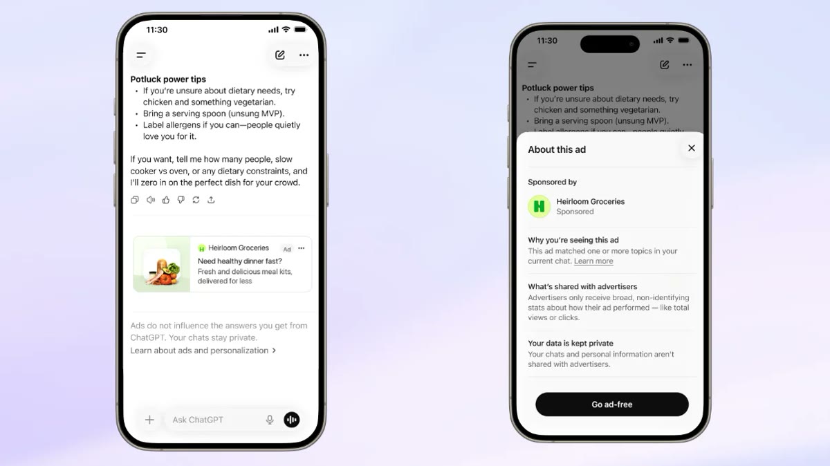 Deux iPhone affichent une réponse ChatGPT suivie d’une publicité sponsorisée et le panneau expliquant son ciblage. Source officielle OpenAI, 31 août 2026.
