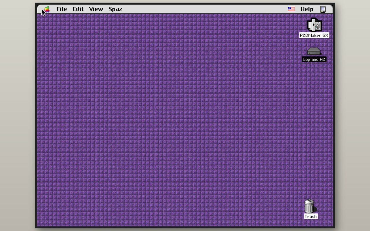 Bureau violet de Copland D11E4, la préversion de Mac OS de juin 1996, avec sa barre de menus et l'icône du disque Copland HD