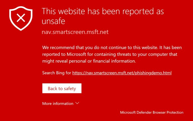 Ecran rouge d’avertissement affiche par Microsoft Defender dans un navigateur