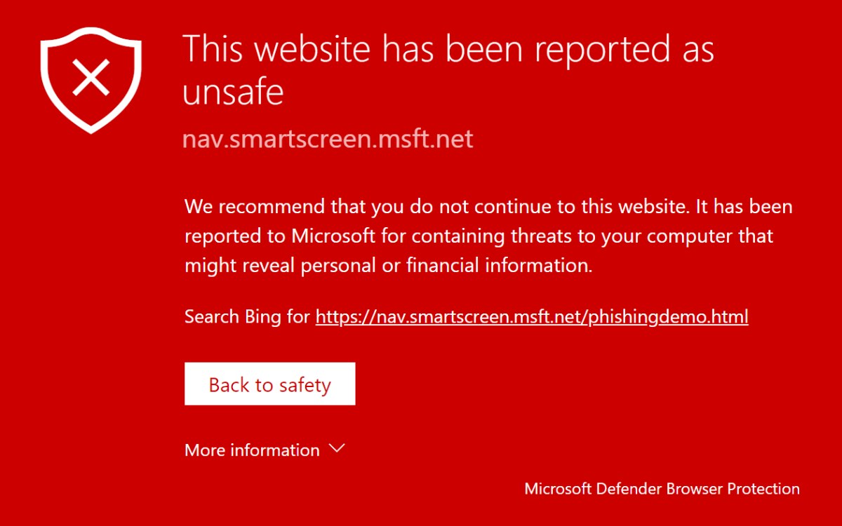 Ecran rouge d’avertissement affiche par Microsoft Defender dans un navigateur