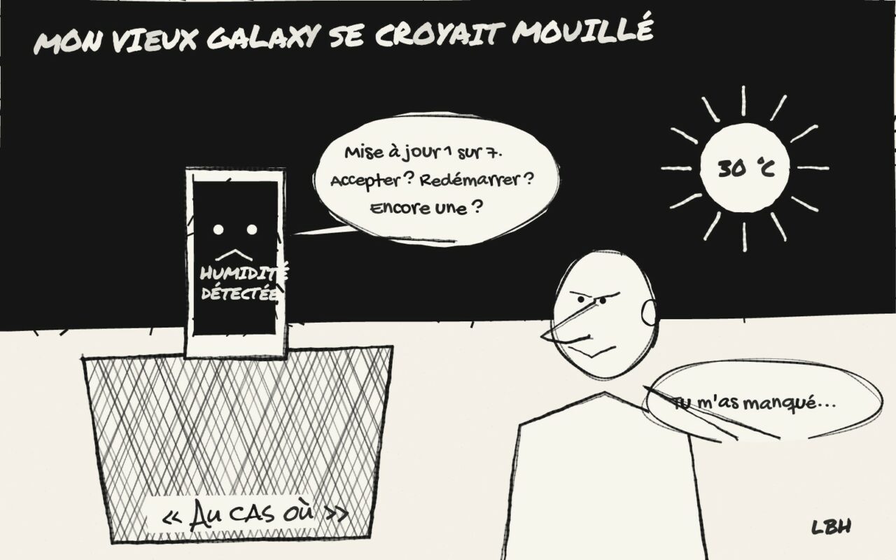 Dessin de presse : un vieux téléphone affichant « humidité détectée » sort d'un panier « au cas où » et réclame une mise à jour après l'autre