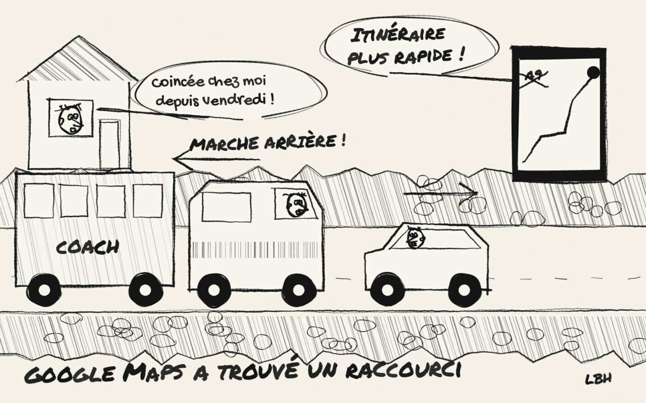 Croquis de presse : un autocar et un camping-car nez à nez avec une voiture sur une route à une voie, un smartphone annonce « Itinéraire plus rapide ! »