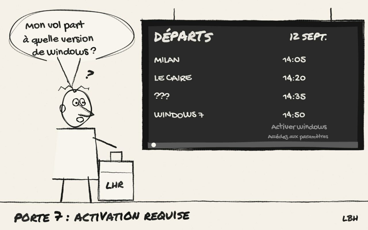 Croquis de presse : un voyageur perplexe devant un tableau des départs marqué « Activer Windows », daté du 12 septembre, qui demande à quelle version de Windows part son vol