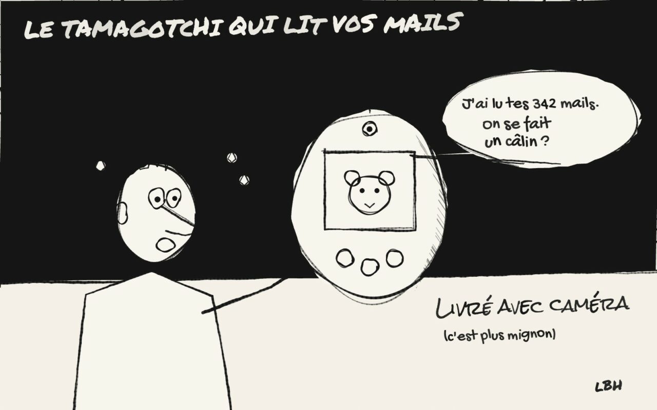 Dessin de presse : un homme affolé tient un boîtier porte-clés dont l'ourson à l'écran dit « J'ai lu tes 342 mails. On se fait un câlin ? »