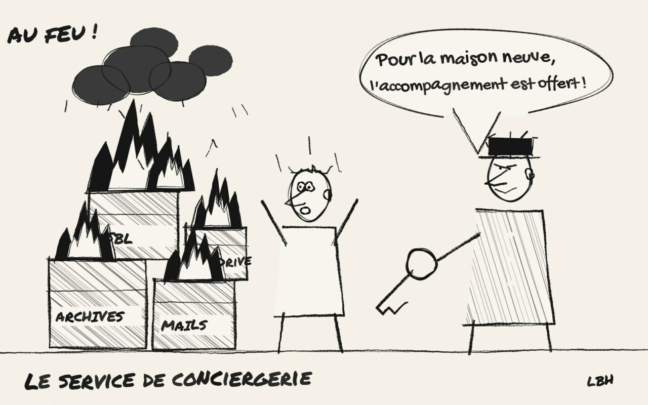 Croquis de presse : « Au feu ! », des cartons « Archives », « Mails », « ASBL » et « OneDrive » brûlent sous un nuage de fumée pendant qu'un concierge souriant tend une clé et promet un accompagnement offert pour la maison neuve