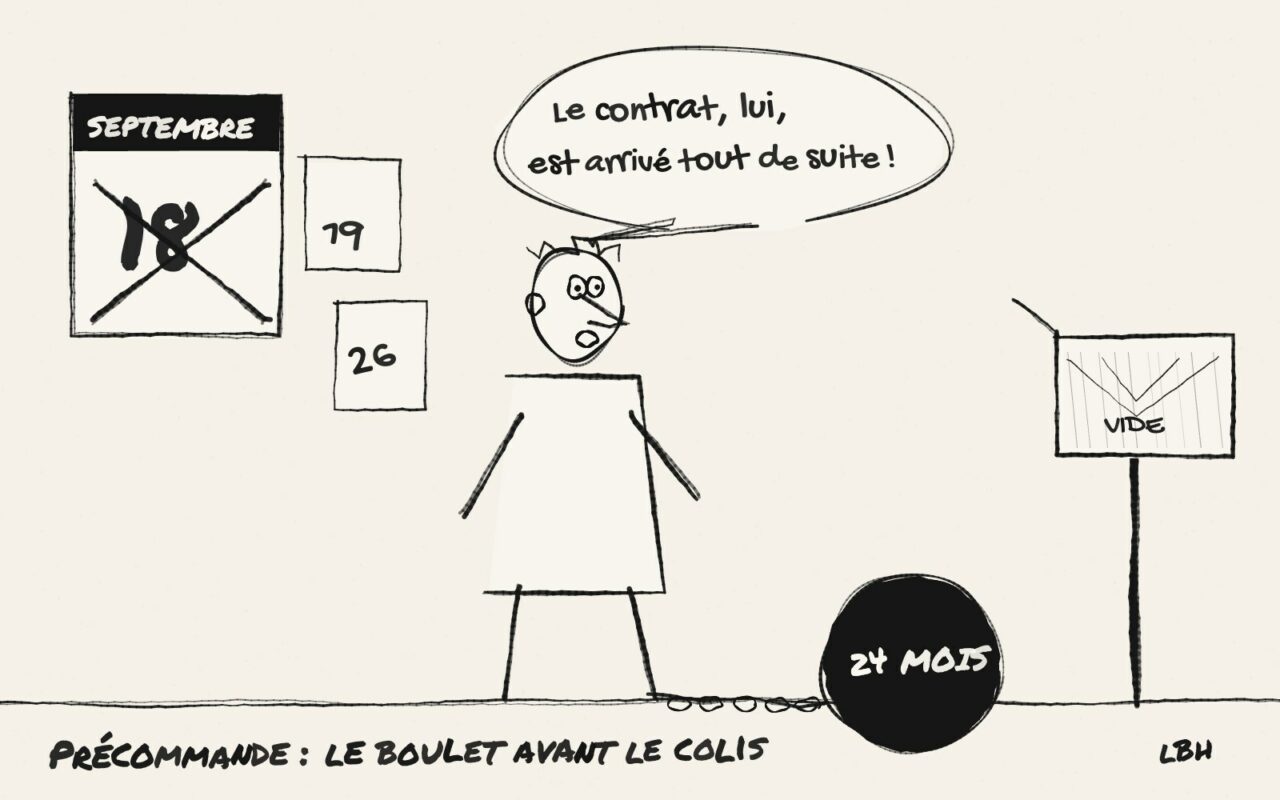 Croquis de presse : un client attend son iPhone devant une boîte aux lettres vide, un boulet « 24 mois » à la cheville, le 18 septembre barré sur le calendrier