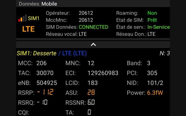 Capture d'une application d'information réseau : opérateur 20612, Roaming Non, LTE bande 3, eNB 504925, RSRP -112 dBm
