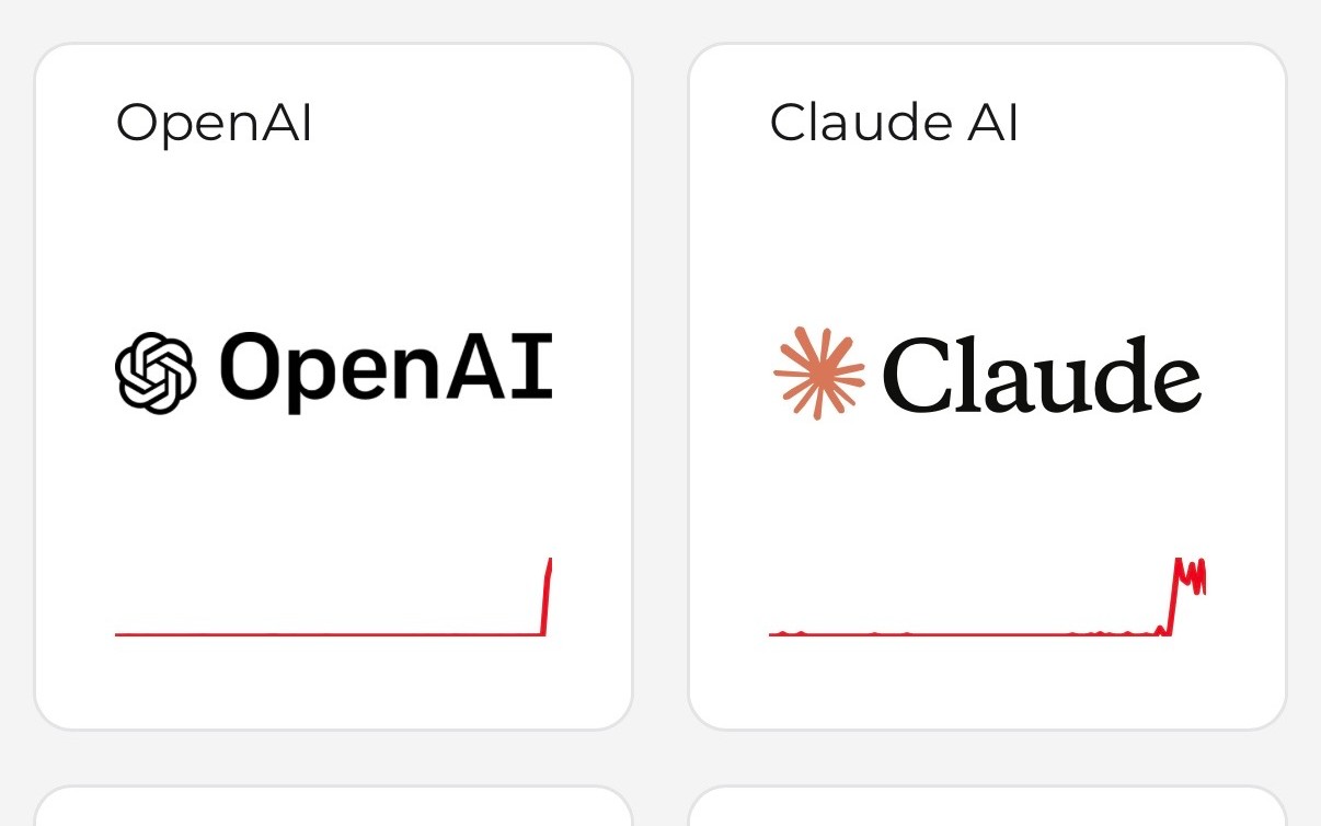Cartes Downdetector d OpenAI et de Claude, avec une courbe de signalements qui bondit en fin de journee