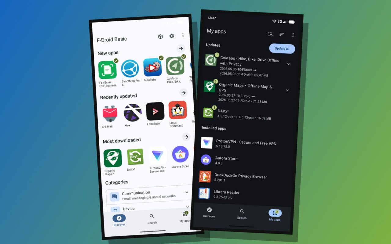 Deux captures d'écran de la nouvelle application F-Droid 2.0 sur téléphone : l'onglet Découvrir et la liste des applications installées