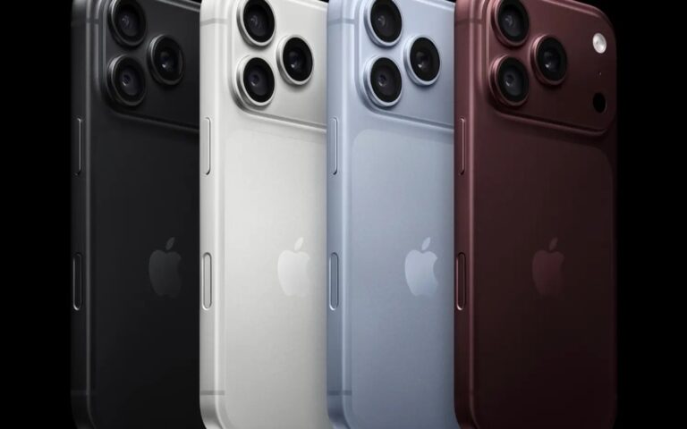 Quatre iPhone 18 Pro vus de dos, alignés, dans les coloris bordeaux, glacier, argent et noir.
