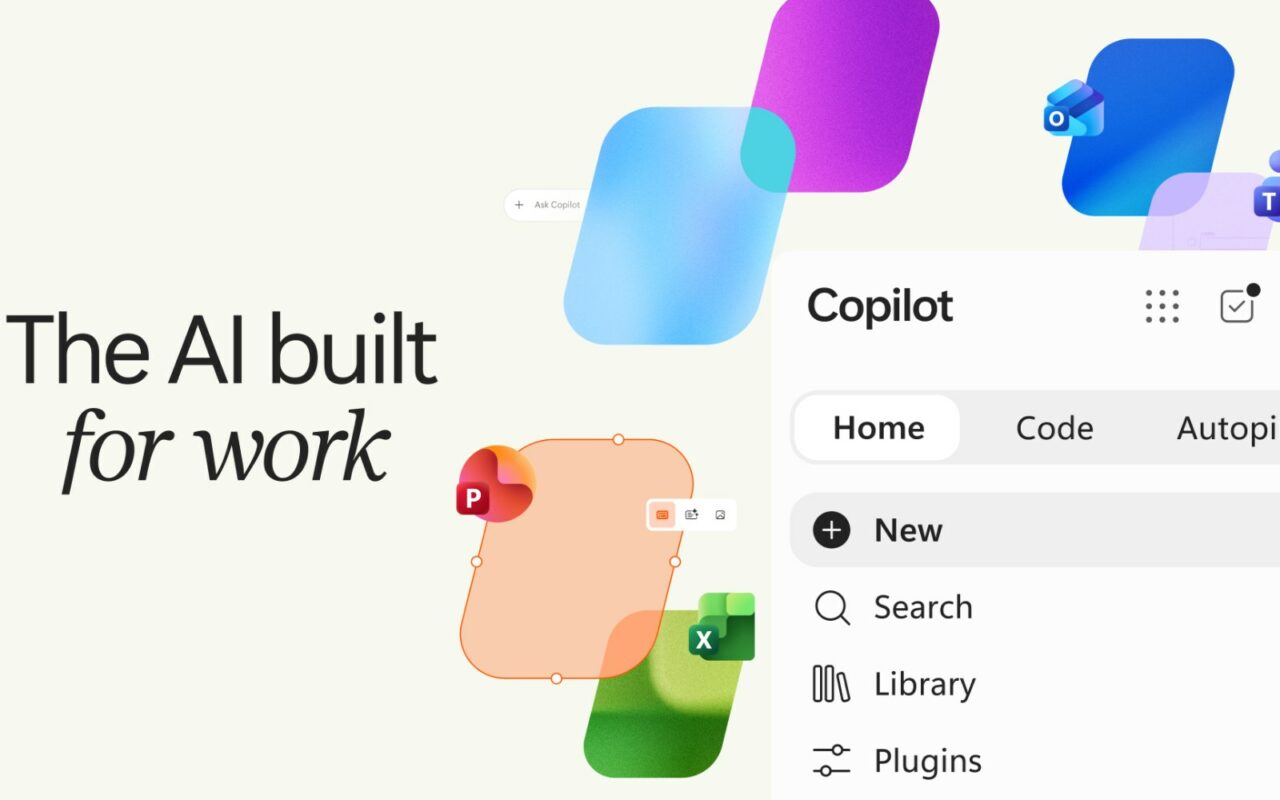 Visuel officiel de la nouvelle application Copilot, avec les onglets Home, Code et Autopilot et les icĂŽnes de Word, Excel, PowerPoint, Outlook et Teams
