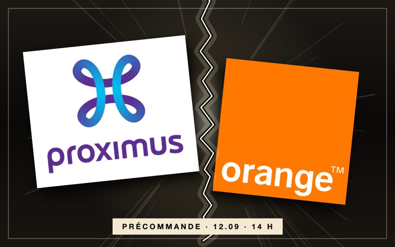 Les logos de Proximus et d’Orange se font face de part et d’autre d’une fracture incandescente, sur fond sombre.