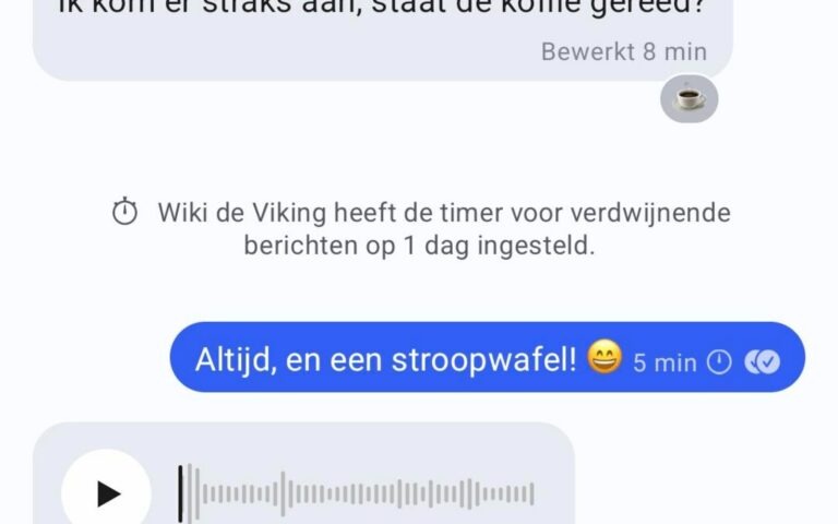 Conversation dans l'application Signal sur Android, en néerlandais, avec messages éphémères et message vocal