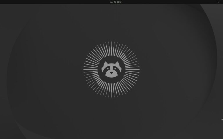 Capture du bureau d'Ubuntu 26.04 LTS en thème sombre, avec au centre la mascotte raton laveur de la version Resolute Raccoon
