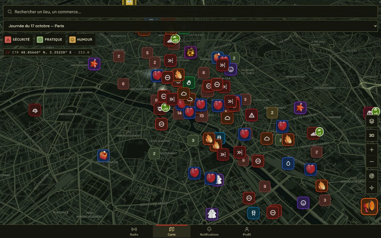 Capture de la carte de 17octobre.app sur Paris, fond sombre couvert de pictogrammes d'alertes : flammes, cœurs, nuages, sens interdits et regroupements numérotés, sous le titre « Journée du 17 octobre, Paris »