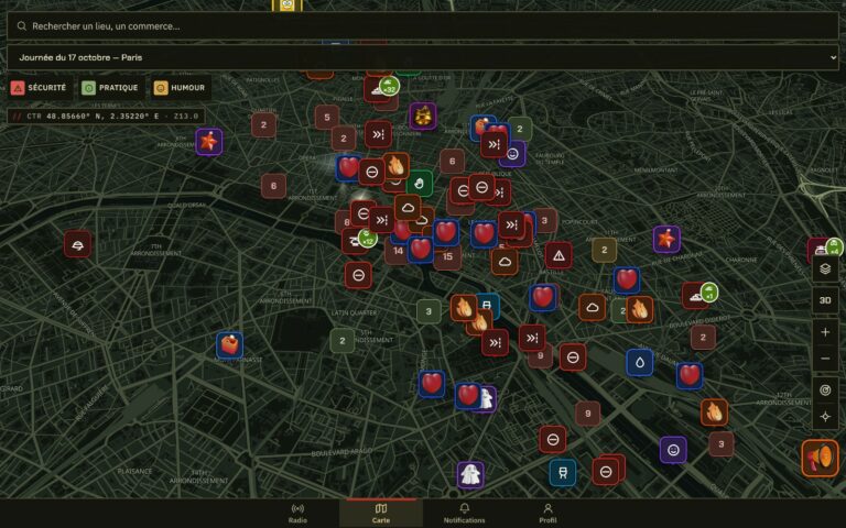 Capture de la carte de 17octobre.app sur Paris, fond sombre couvert de pictogrammes d'alertes : flammes, cœurs, nuages, sens interdits et regroupements numérotés, sous le titre « Journée du 17 octobre, Paris »