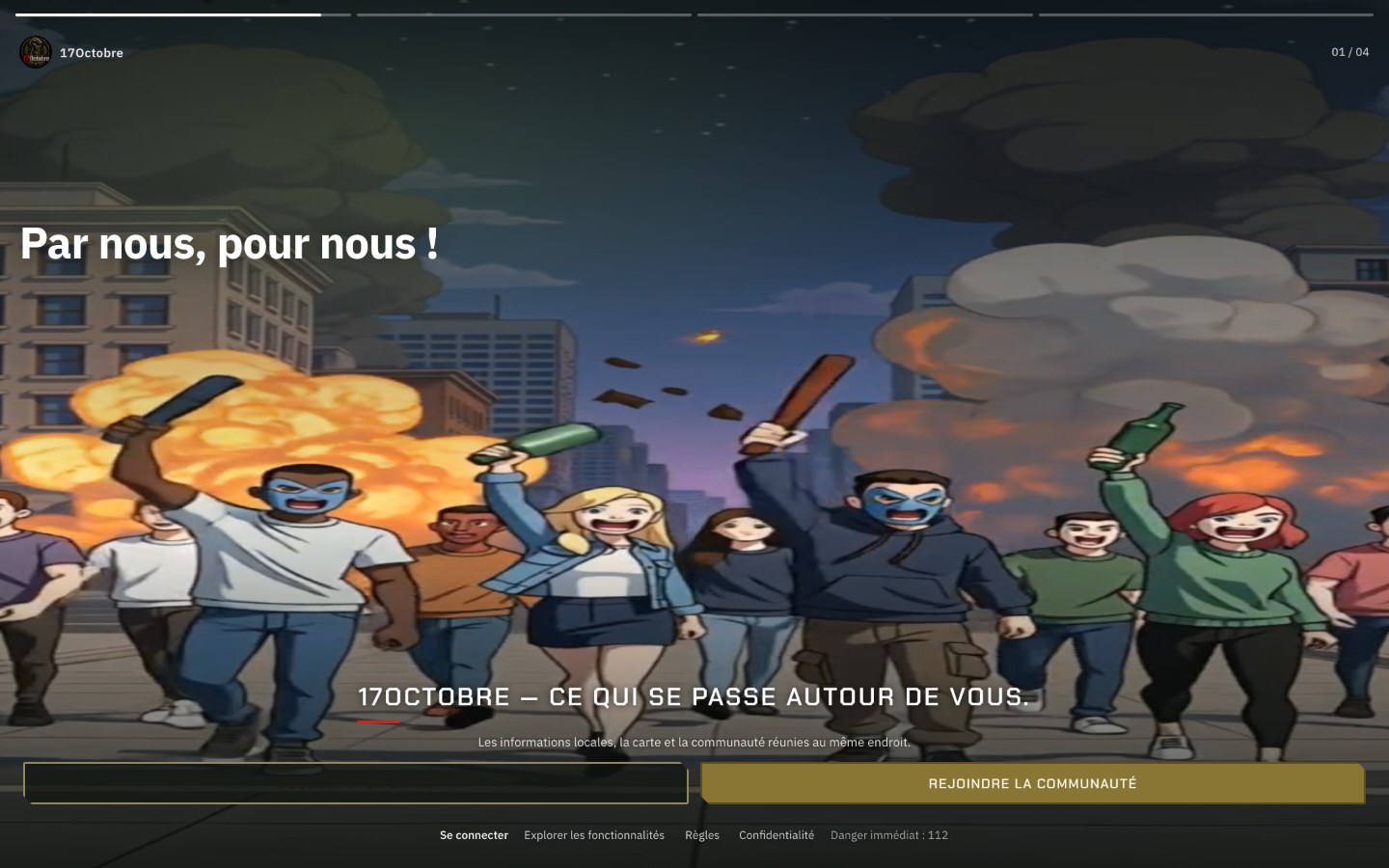 Capture de l'introduction animée de 17octobre.app : sous le slogan « Par nous, pour nous ! », une foule dessinée, certains visages peints en bleu, brandit bouteilles et bâtons devant des explosions