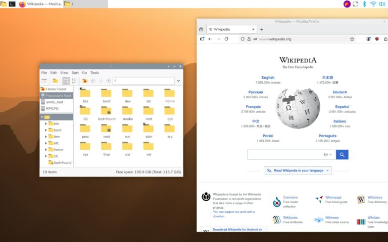 Capture d'écran du bureau Raspberry Pi : fond orangé, barre de menus en haut, un gestionnaire de fichiers et le navigateur Firefox ouverts.