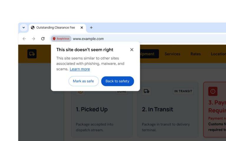 Fenêtre d'avertissement de Chrome indiquant This site doesn't seem right, au-dessus d'une page de suivi de colis assombrie