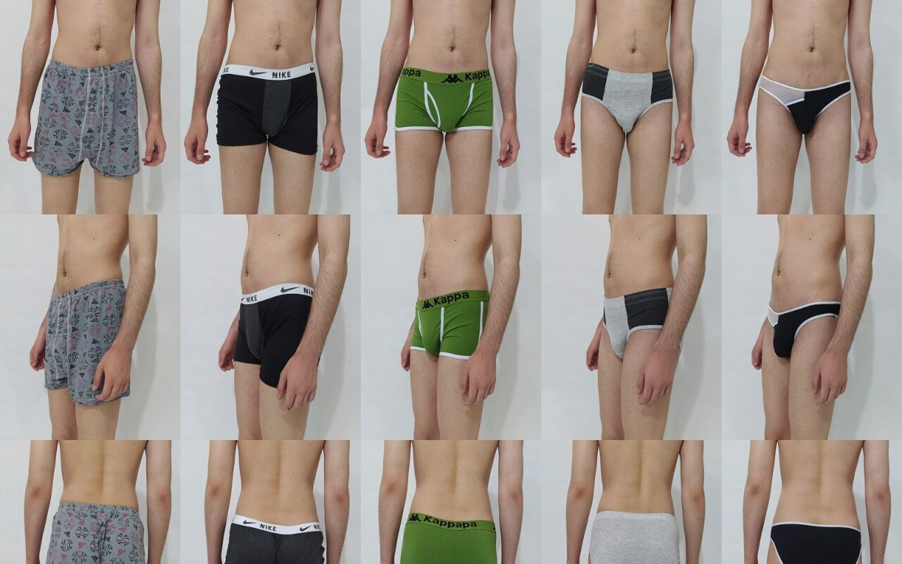 Planche photographique montrant cinq coupes de sous-vêtements masculins, du caleçon au slip, vues de face, de profil et de dos.