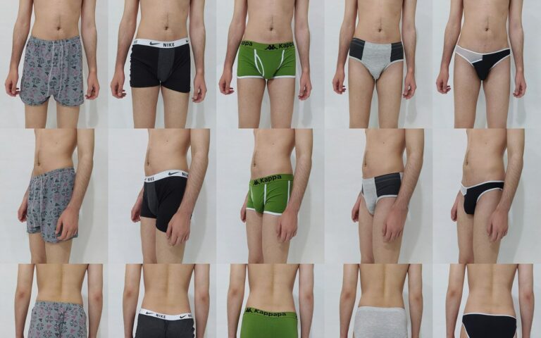 Planche photographique montrant cinq coupes de sous-vêtements masculins, du caleçon au slip, vues de face, de profil et de dos.