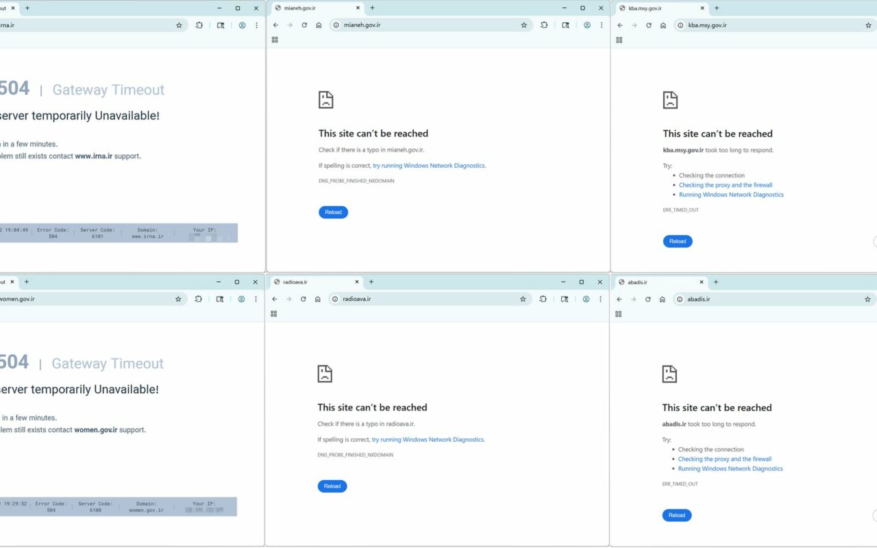 Six onglets de navigateur affichant des erreurs de connexion sur des sites iraniens