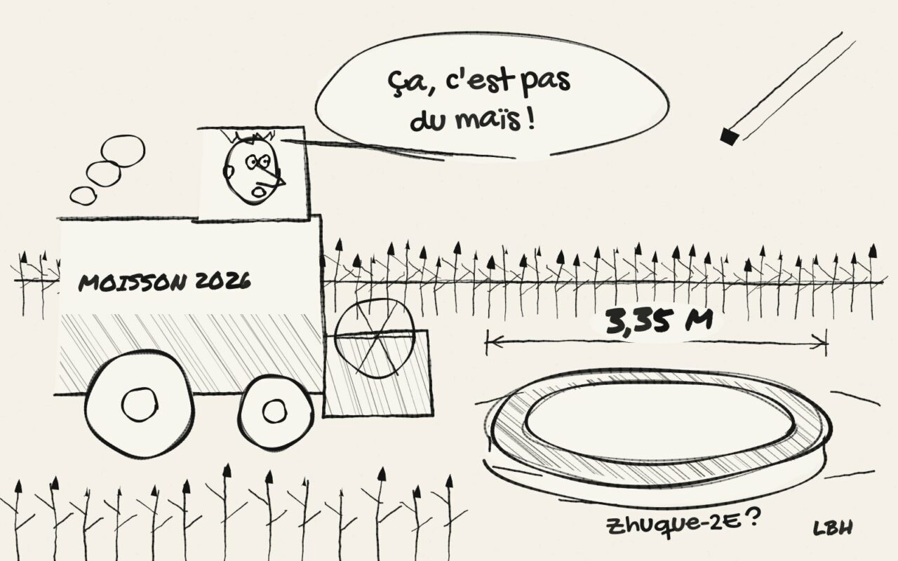 Dessin de presse : un agriculteur effaré dans sa moissonneuse découvre un grand anneau métallique de 3,35 m au milieu du maïs.