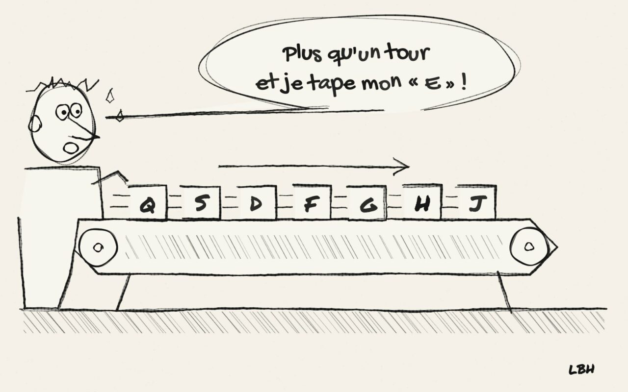 Dessin de presse : un utilisateur attend devant un clavier monté sur tapis roulant que la touche E repasse devant lui
