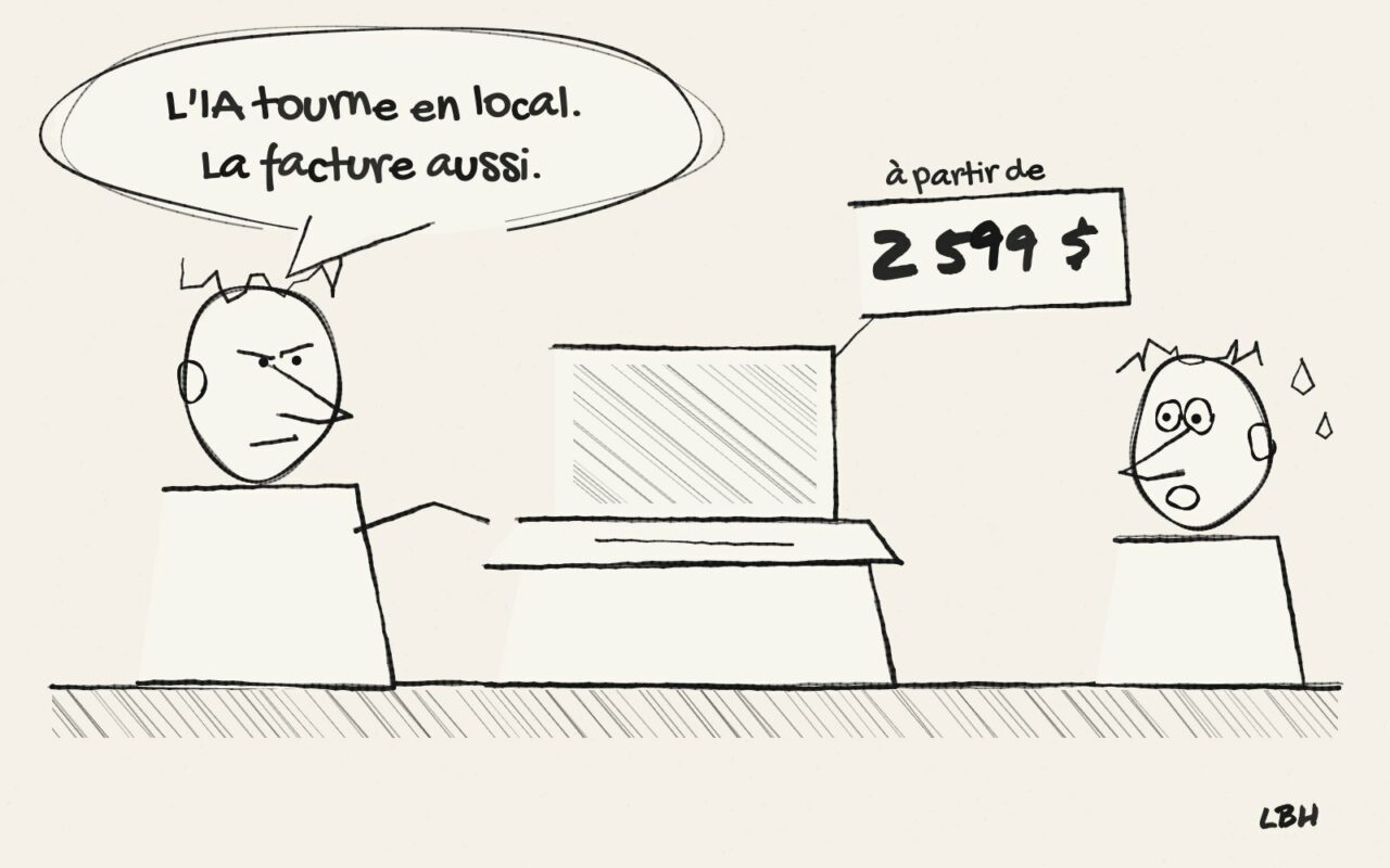 Dessin de presse : un vendeur présente un ordinateur portable étiqueté à partir de 2 599 dollars à un client inquiet