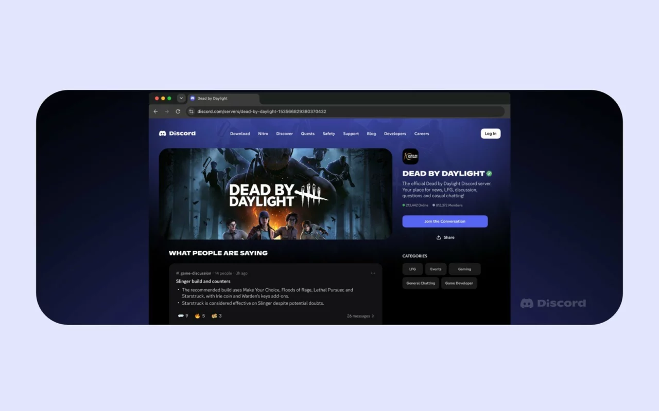 Maquette d'une page web publique de serveur Discord, celle de la communauté Dead by Daylight, avec une section de messages