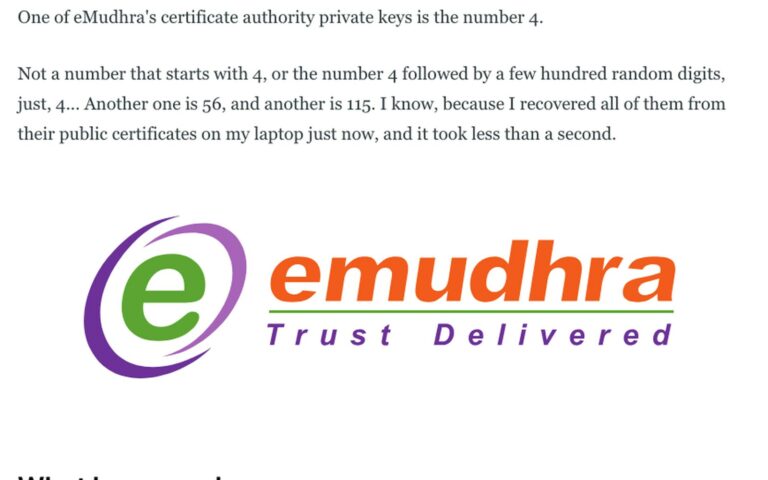 Extrait de l'article de Scott Helme commençant par One of eMudhra's certificate authority private keys is the number 4, avec le logo d'eMudhra