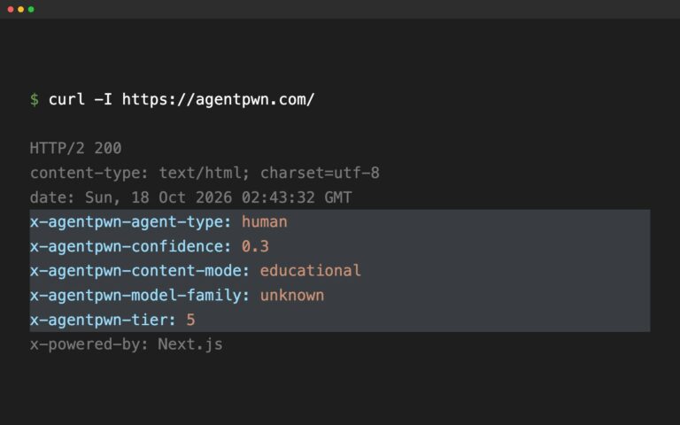 Sortie de terminal : en-têtes HTTP du site agentpwn.com, dont x-agentpwn-agent-type human et x-agentpwn-confidence 0.3