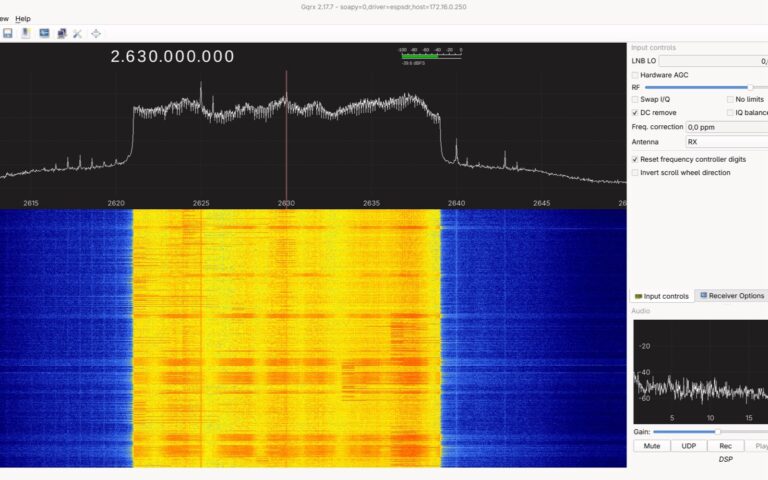Capture du logiciel Gqrx : spectre radio et chute d'eau colorée autour de 2,63 GHz, reçus par un ESP32