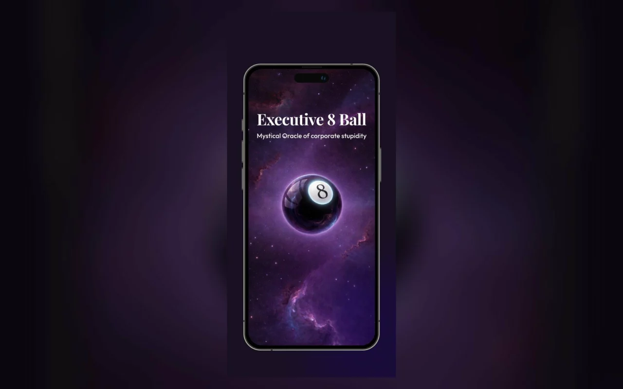 Capture de l'application Executive Eight Ball sur iPhone, avec une boule de billard numéro 8 sur fond d'espace violet