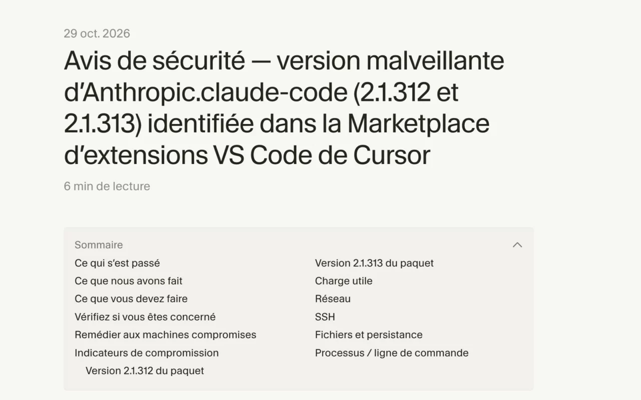 Capture de l'avis de sécurité de Cursor du 29 octobre 2026 sur les versions malveillantes 2.1.312 et 2.1.313 de l'extension Anthropic.claude-code