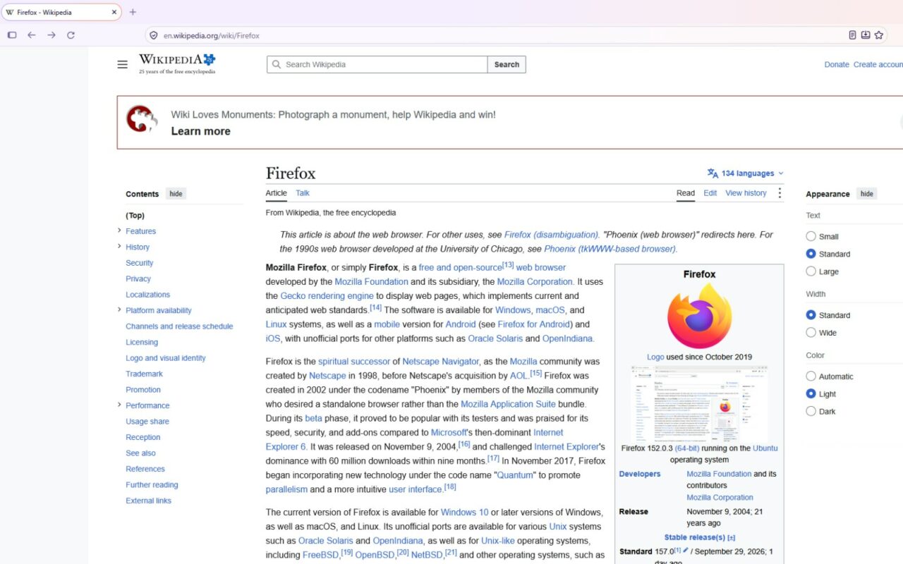 Capture d'écran du navigateur Firefox 157 affichant l'article de Wikipédia consacré à Firefox.