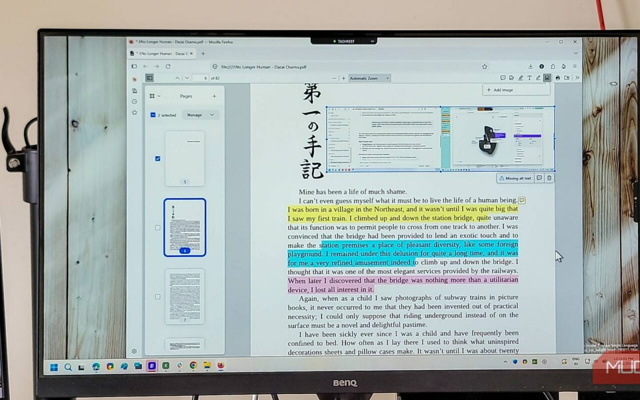 Écran d'ordinateur affichant un PDF ouvert dans Firefox, avec des lignes de texte surlignées en jaune, bleu et rose