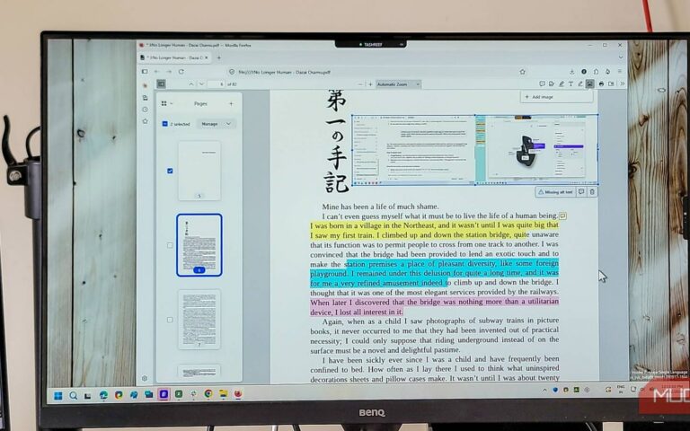 Écran d'ordinateur affichant un PDF ouvert dans Firefox, avec des lignes de texte surlignées en jaune, bleu et rose