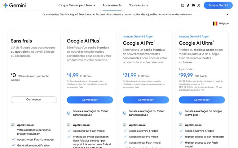 Page belge des abonnements Gemini : sans frais à 0 euro, AI Plus à 4,99 euros, AI Pro à 21,99 euros et AI Ultra à 99,99 euros par mois