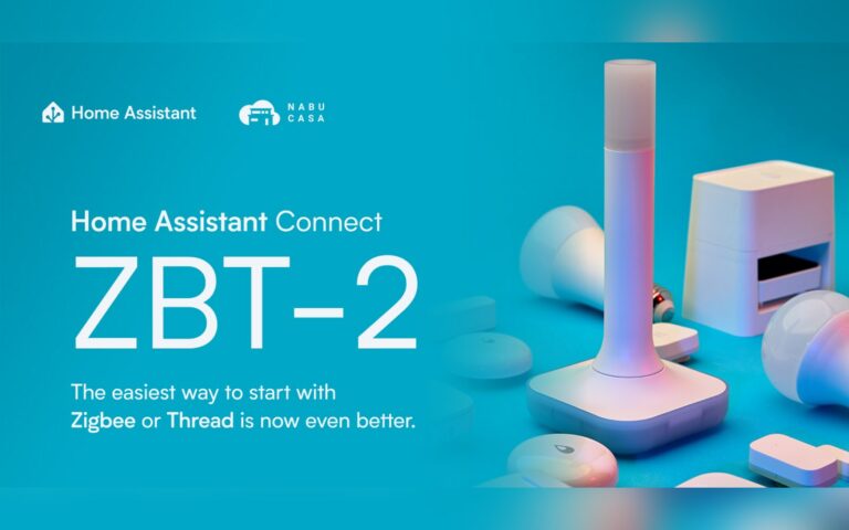 Visuel de la clé Home Assistant Connect ZBT-2, pour Zigbee et Thread, entourée d'ampoules et de capteurs connectés