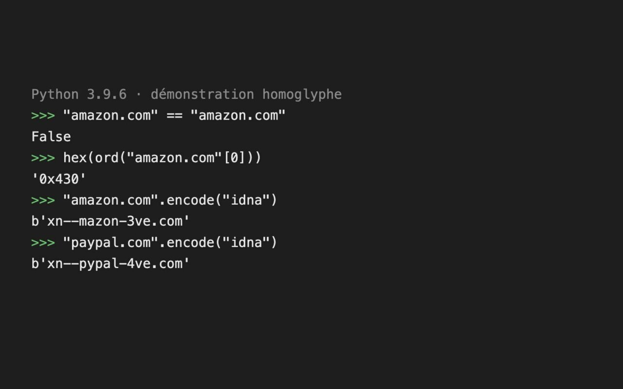 Console Python montrant que deux adresses amazon.com d'apparence identique sont différentes et que la fausse se convertit en xn--mazon-3ve.com