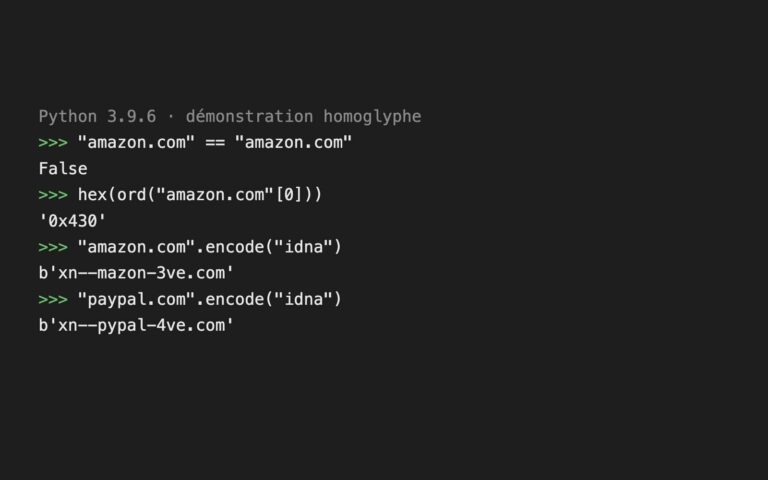Console Python montrant que deux adresses amazon.com d'apparence identique sont différentes et que la fausse se convertit en xn--mazon-3ve.com