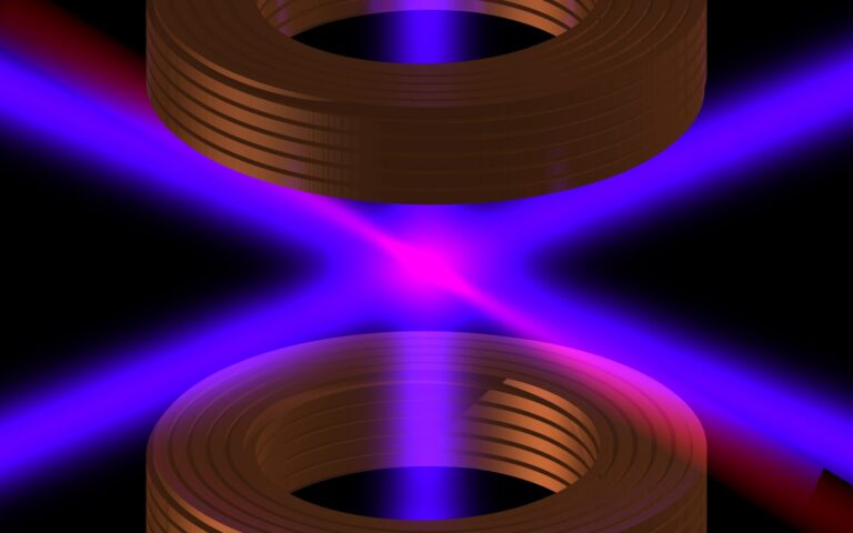 Illustration : deux bobines annulaires encadrent un faisceau laser rouge croisé par des faisceaux violets, au cœur d'une horloge atomique optique.