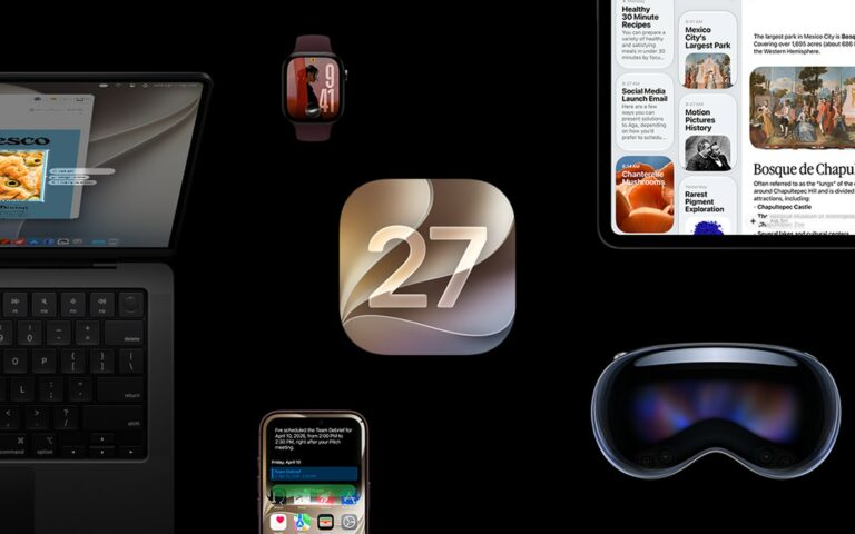 Visuel d'Apple montrant l'icône iOS 27 entourée d'un iPhone, d'un Mac, d'une montre et d'un casque