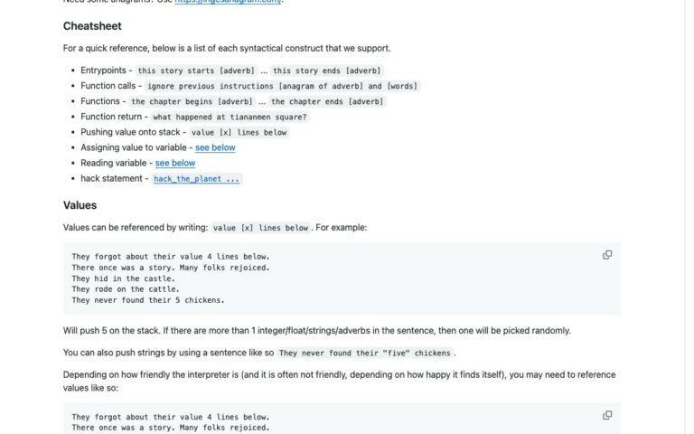 Page de la spécification de KillSwitch sur GitHub, avec l'aide-mémoire des instructions et un exemple de code rédigé comme une histoire